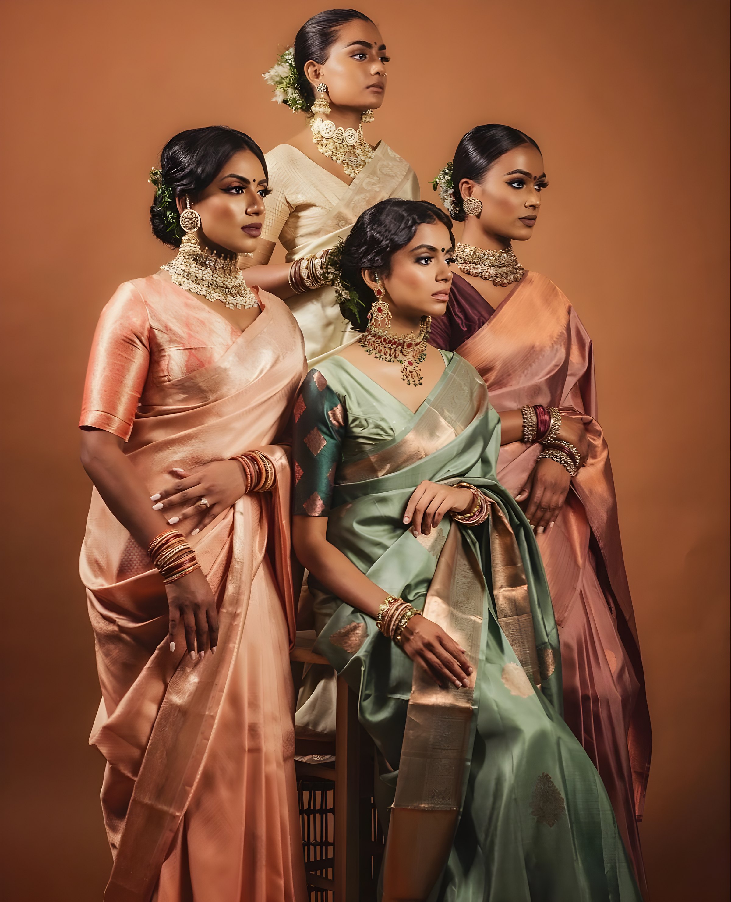 Four women in silk sarees with gold temple jewellery